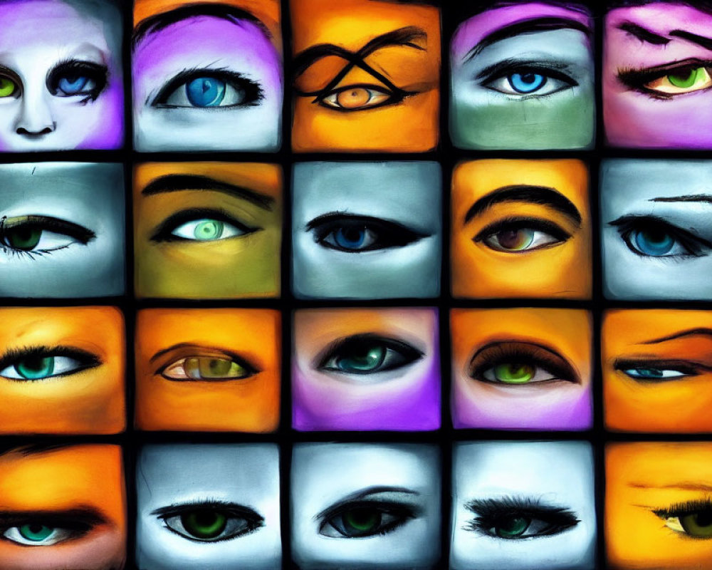 Variety of stylized eyes with expressions and makeup on colorful backgrounds