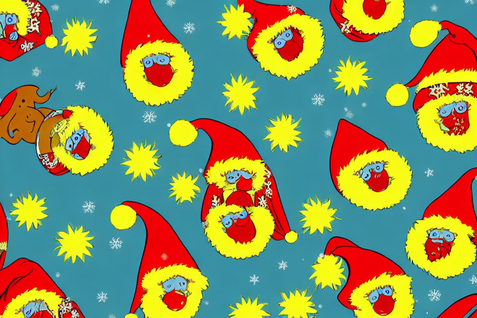 Cartoon Santa Claus and Reindeer Pattern on Blue Background