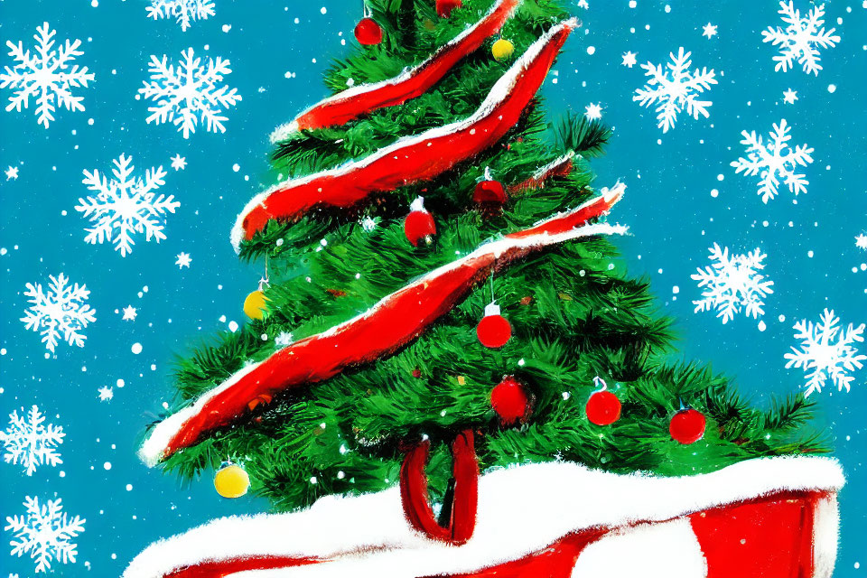 Vibrant Christmas tree illustration with red ornaments on blue background