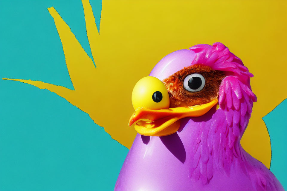 Colorful Rubber Chicken Toy on Purple and Pink Background with Yellow Splash