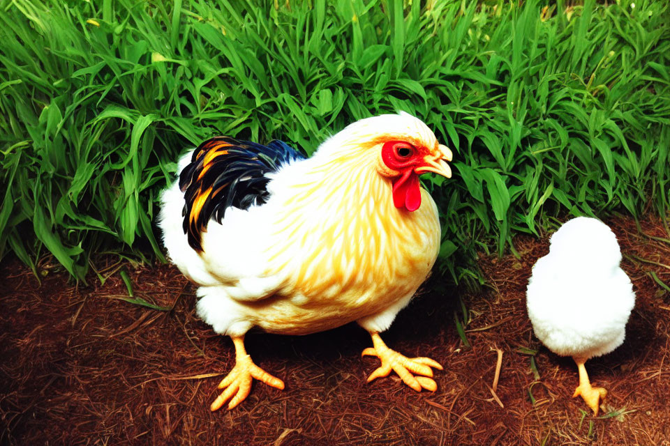 Colorful photo of hen, chick, and grass in vibrant display