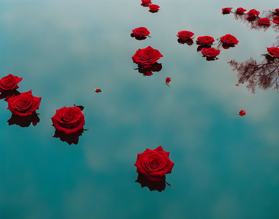 Red Roses on Reflective Surface with Tree Reflections