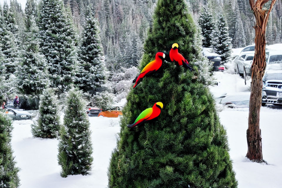 Colorful Parrots Perched on Pine Tree with Snowy Background