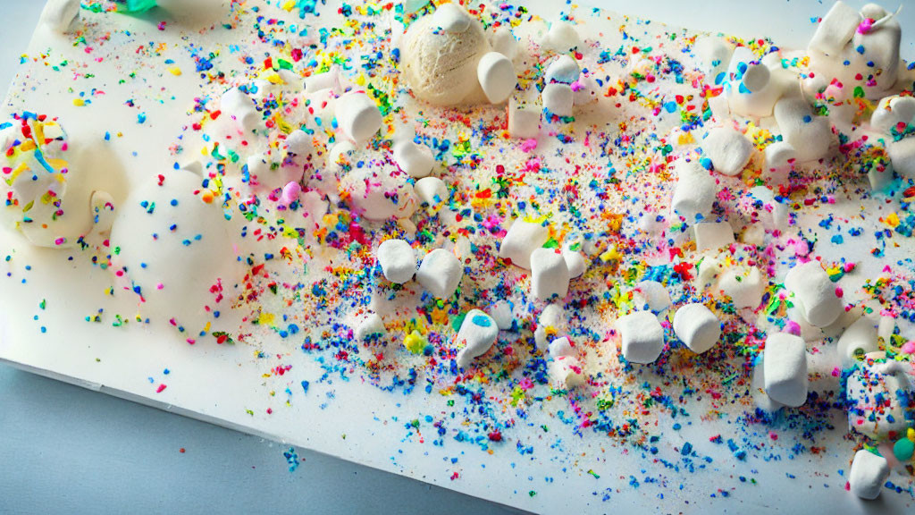 Colorful melted ice cream with sprinkles and marshmallows on light surface