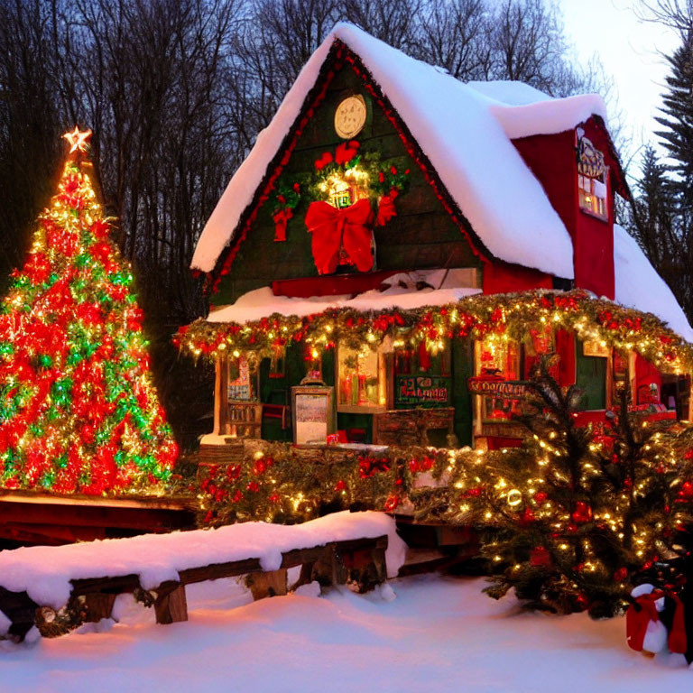 Snow-covered house with vibrant Christmas decorations and lit tree under twilight sky