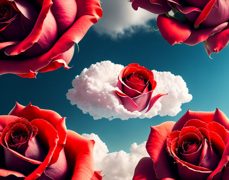 Red Roses with Dew Drops and White Clouds in Deep Blue Sky