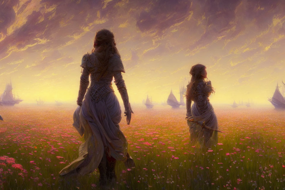 Two armored warriors in a field of pink flowers with floating ships at sunset