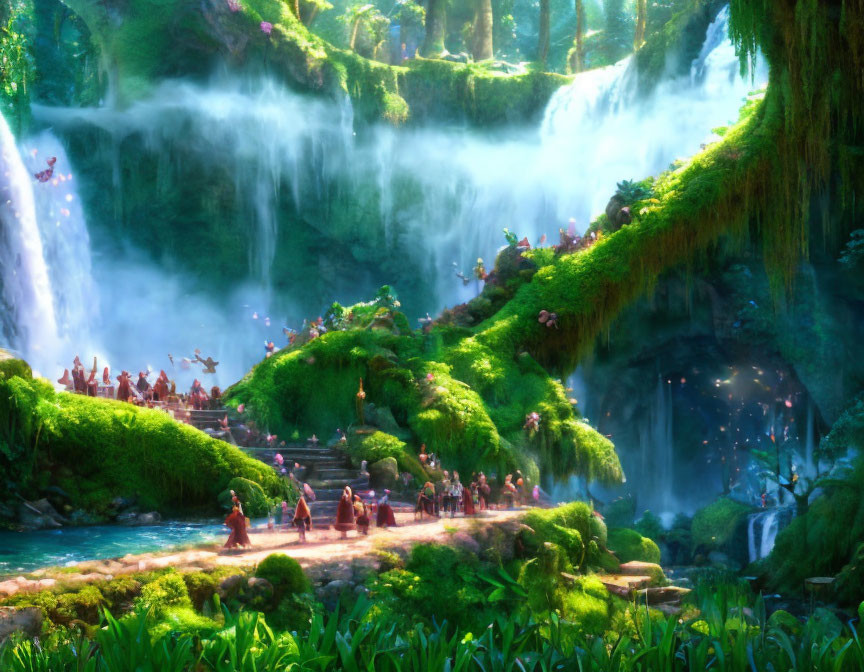 Fantastical landscape with waterfall, lush greenery, and ethereal lights by river