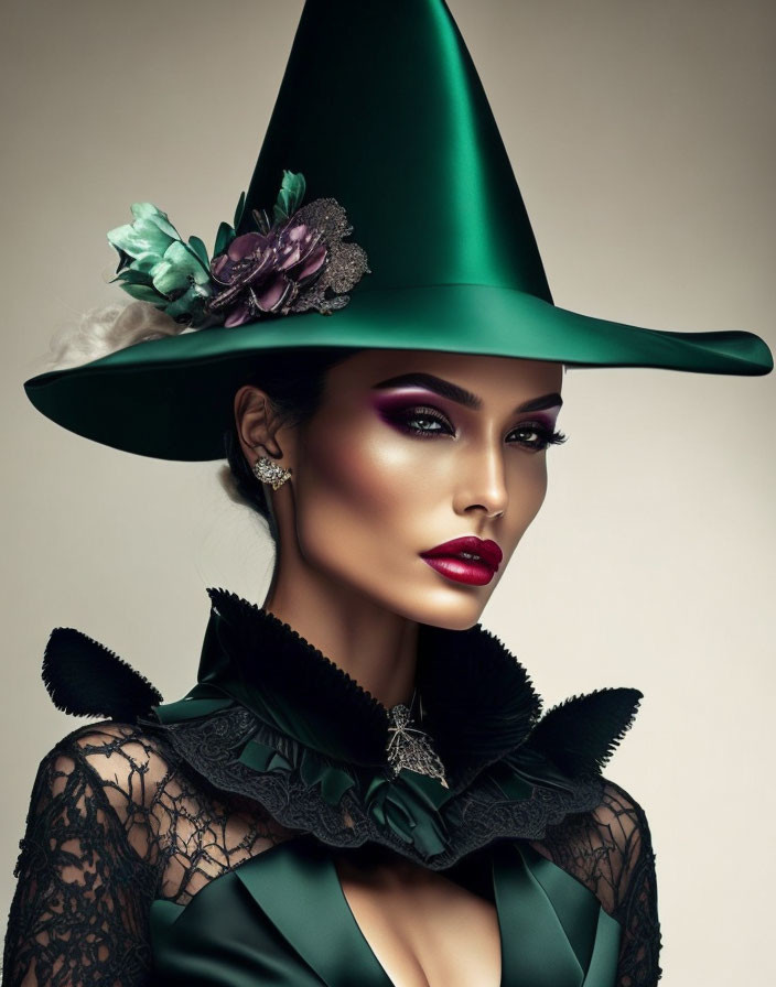 Woman in dramatic makeup and dark green hat with flower, wearing black lace outfit with green satin collar.