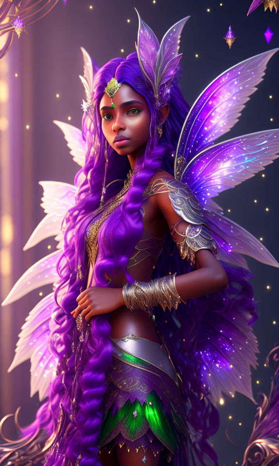 Digital artwork: Mystical fairy with purple hair, golden and green attire, glowing butterflies.