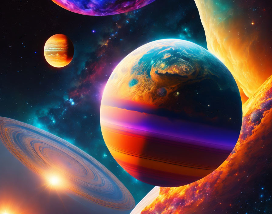 Colorful Planets, Glowing Sun, and Star Field in Surreal Cosmic Scene