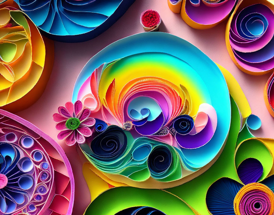 Vibrant quilled paper art with intricate swirls and floral patterns