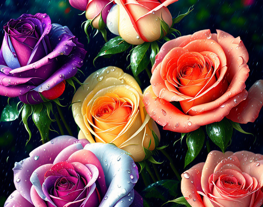 Multicolored Roses with Dewdrops on Dark Background