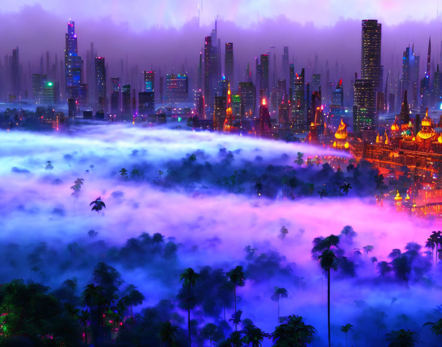 Futuristic cityscape with neon lights and skyscrapers overlooking misty purple forest at dusk