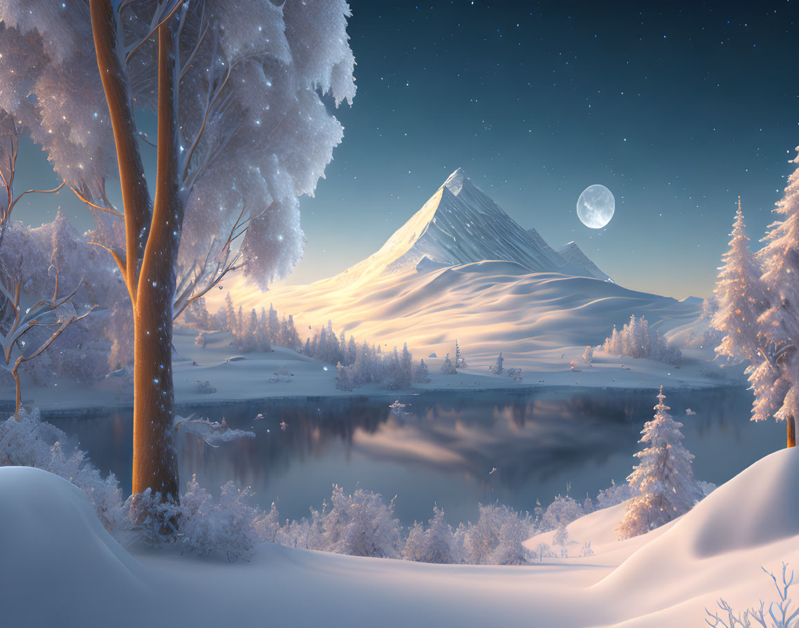 Snow-covered trees, calm lake, full moon, majestic mountain in serene winter landscape