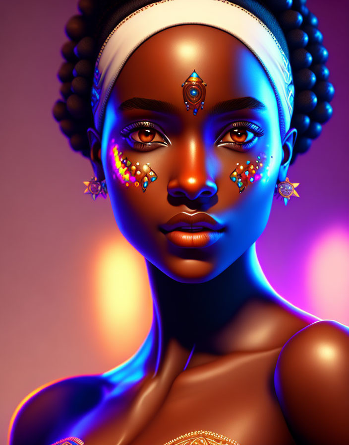 Colorful Woman Portrait with Intricate Jewelry and Striking Gaze