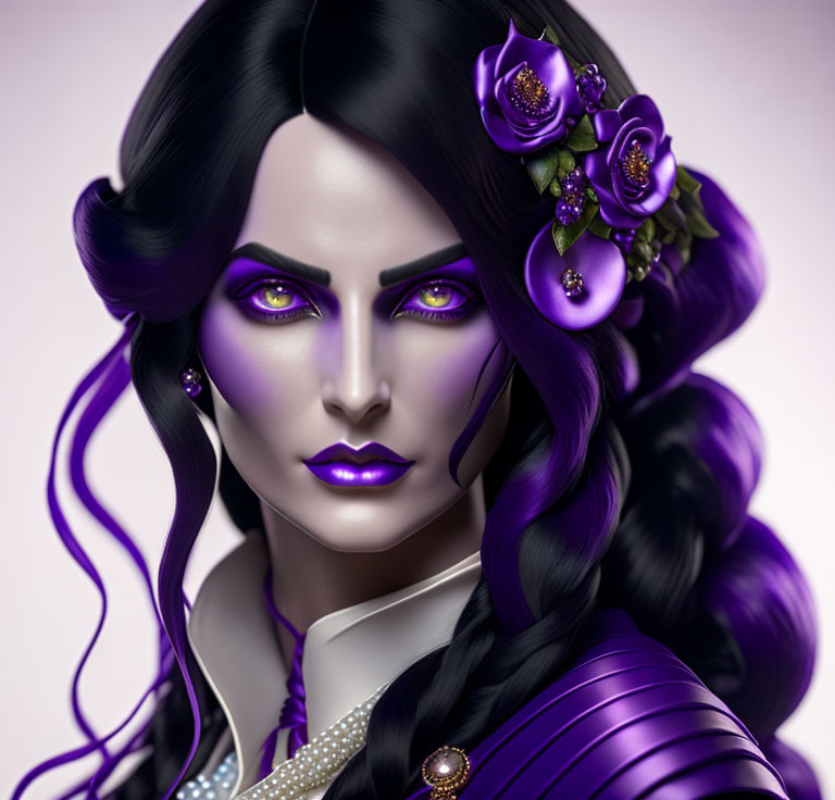 Vibrant purple portrait of a woman with glowing eyes and floral accessories