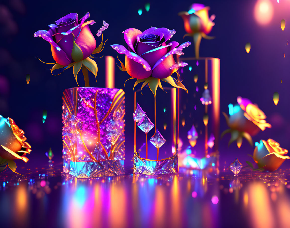 Glowing magical roses in glass holders on shimmering background