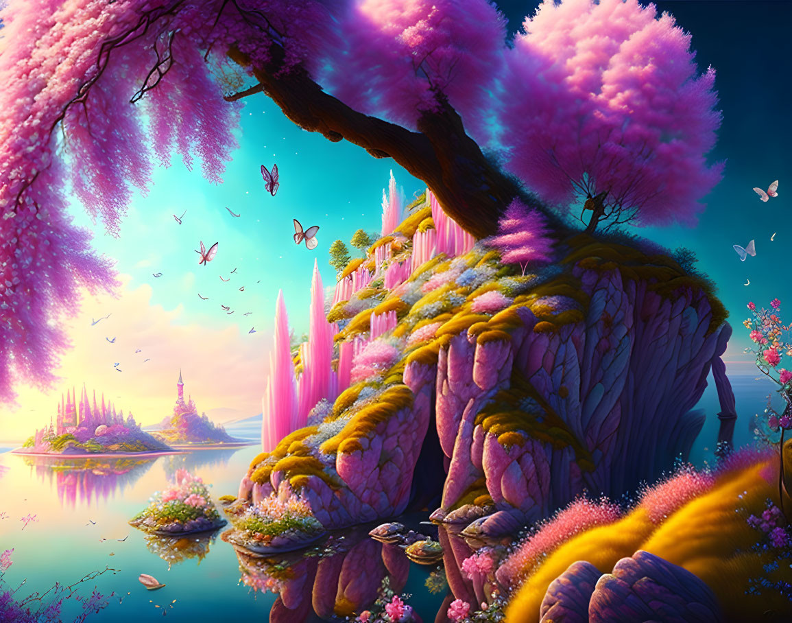 Fantasy landscape with pink blossom trees, vibrant cliffs, butterflies, and calm lake at twilight