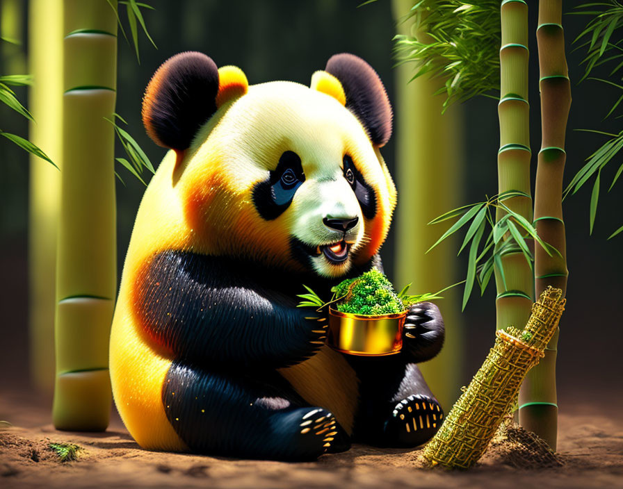 Cartoon panda with bamboo pot in colorful forest scene