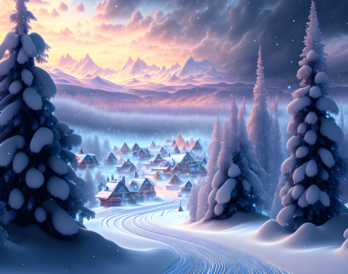 Snow-covered Winter Village Scene at Twilight with Starry Sky