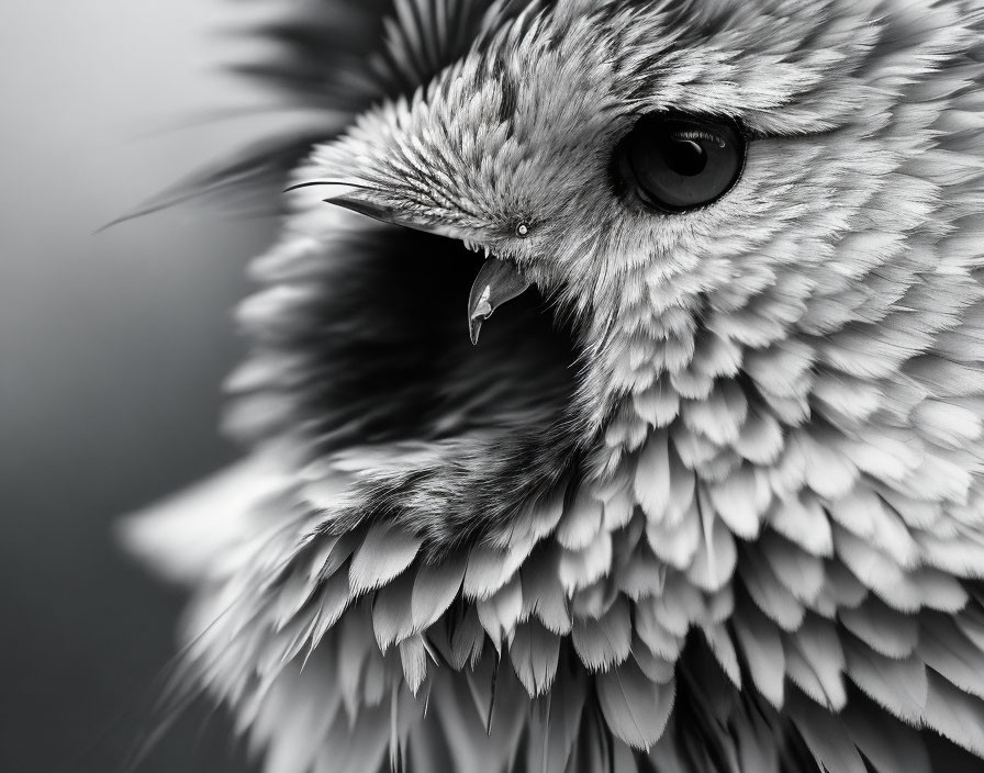 Detailed Monochrome Bird Close-Up Featuring Feather Patterns, Eye, Beak, and Droplet