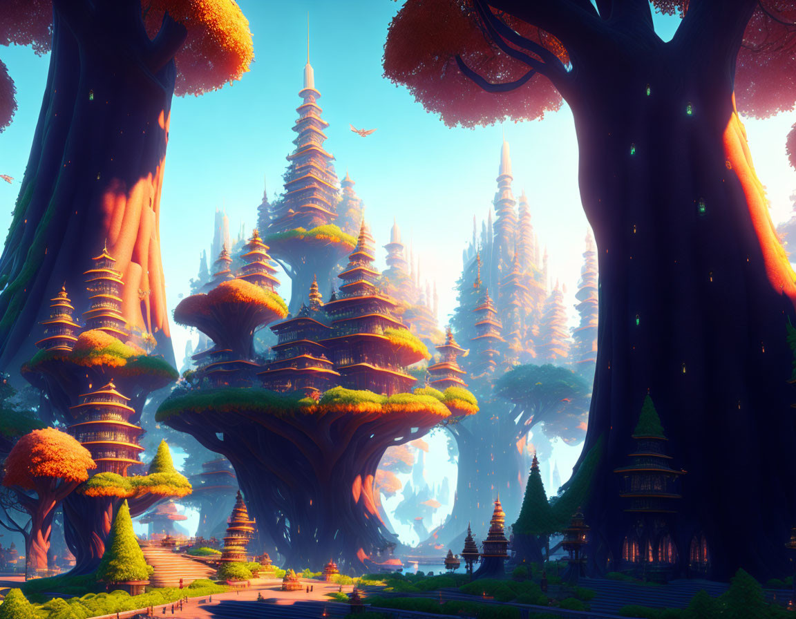 Enchanted forest with colossal trees and mushroom-like structures