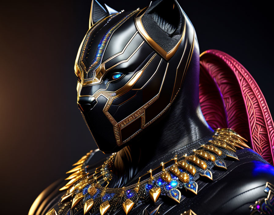 Detailed Close-Up of Black Panther Mask and Costume with Gold Patterns and Blue Eyes