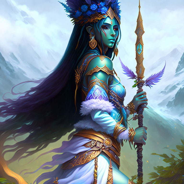 Fantasy Artwork: Blue-Skinned Woman in Gold Armor with Staff