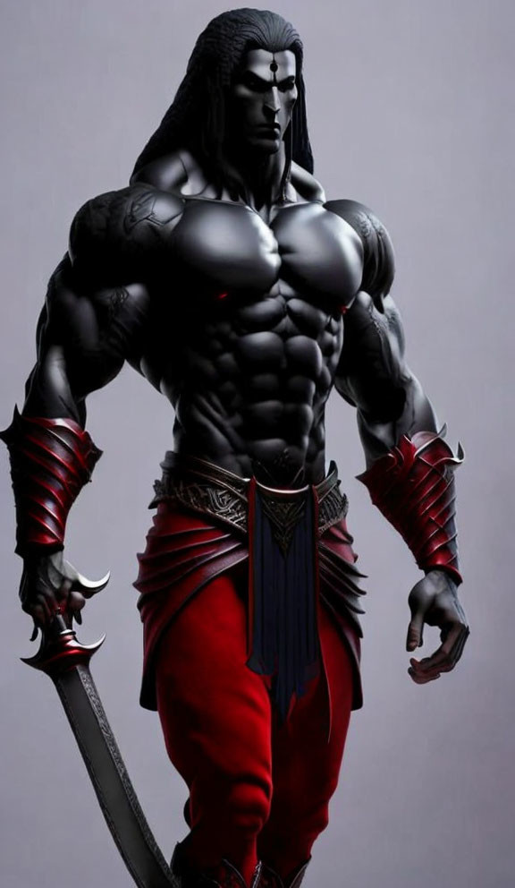 Muscular fantasy warrior statue in red pants with spiked wristbands and large sword