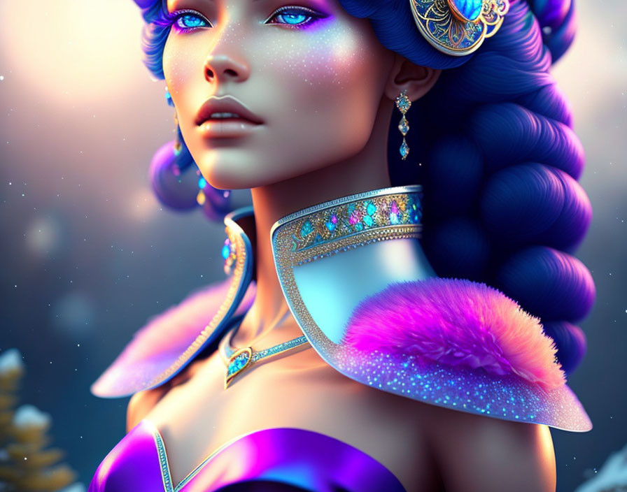 Fantasy Female Character with Blue Skin and Purple Hair Artwork