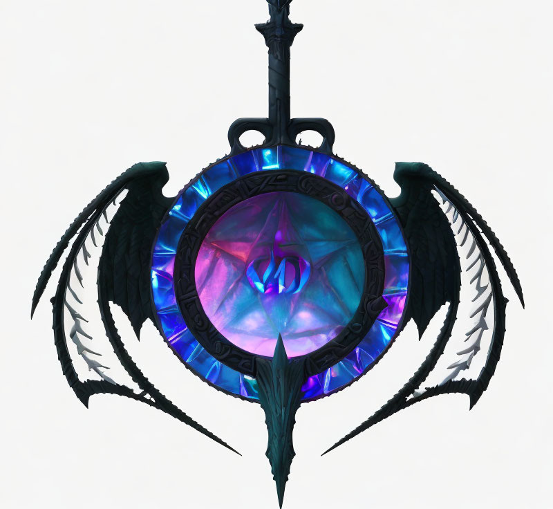 Metallic sword emblem with iridescent star crest and wing-like structures on white background