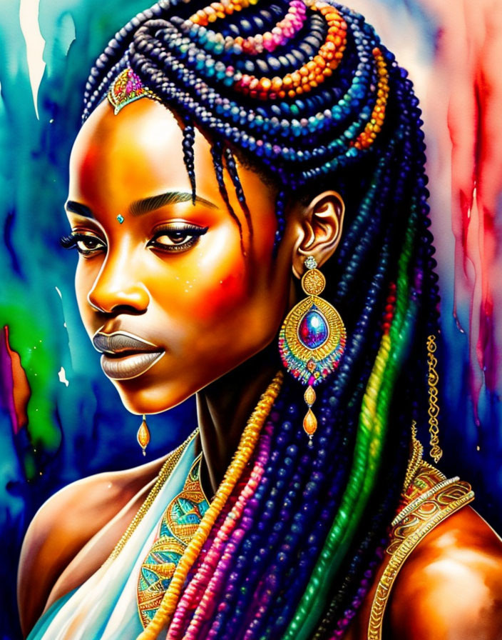 Colorful painting of woman with braided hair and earring in contemplative pose