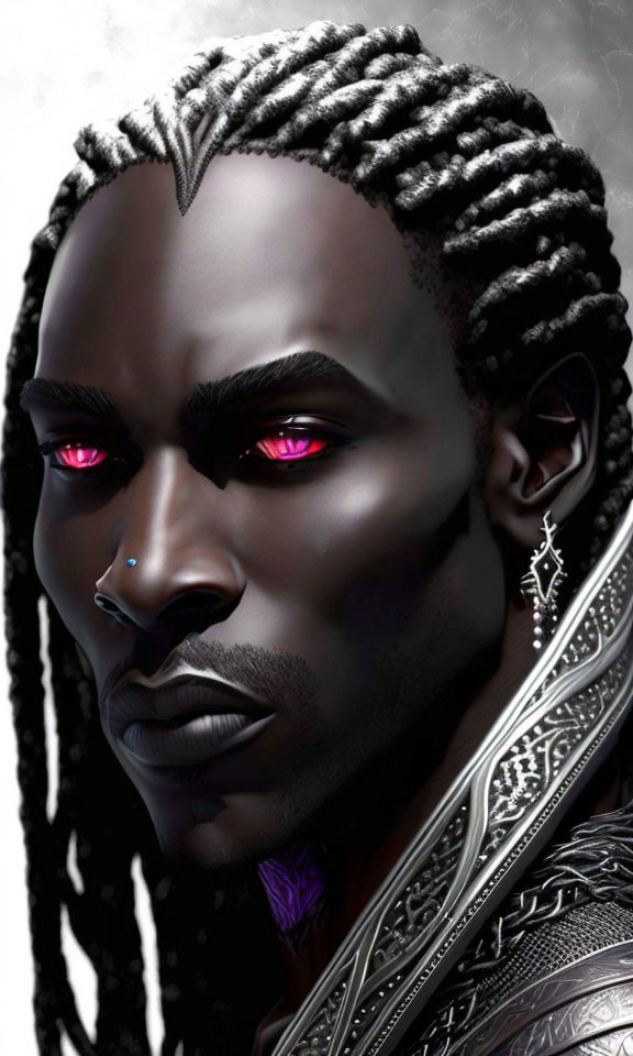 Portrait of a man with red eyes, braided hair, nose piercing, and ornate clothing