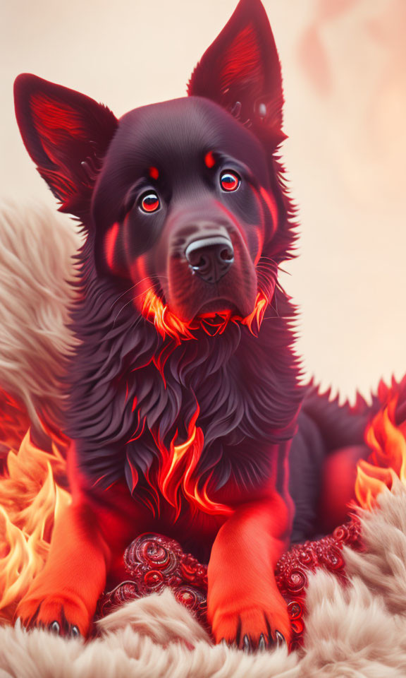 Fiery red and black dog with glowing eyes and integrated flames.