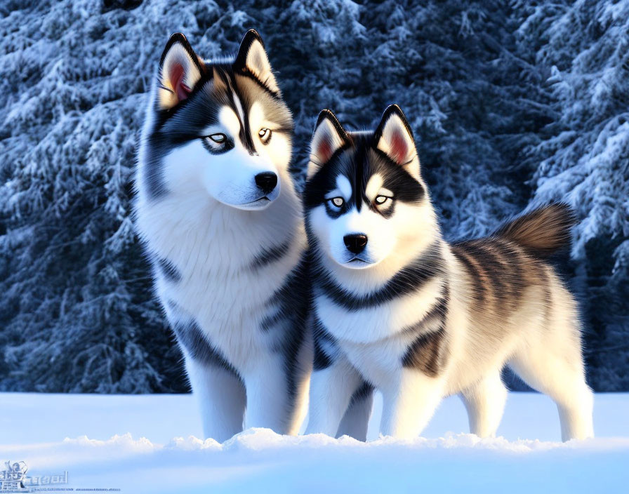 Two Siberian Huskies in Snowy Landscape with Frost-Covered Trees