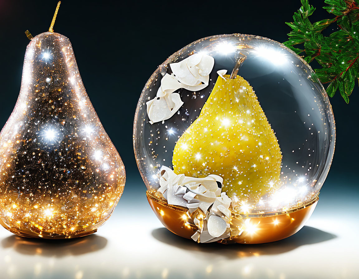 Sparkling Gold Pear and Yellow Pear Ornament on Dark Background