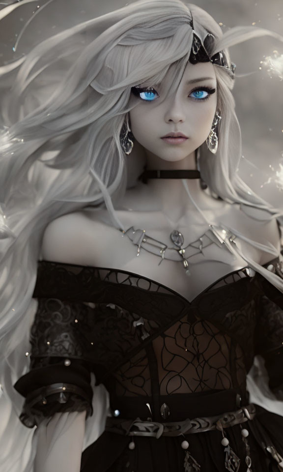 Fantasy digital artwork: Female character with blue eyes, silver hair, and ornate black attire