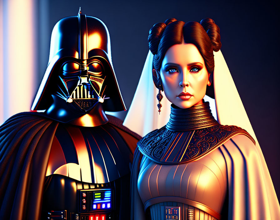 Iconic Star Wars Characters: Darth Vader and Princess Leia Illustration against Dark Background