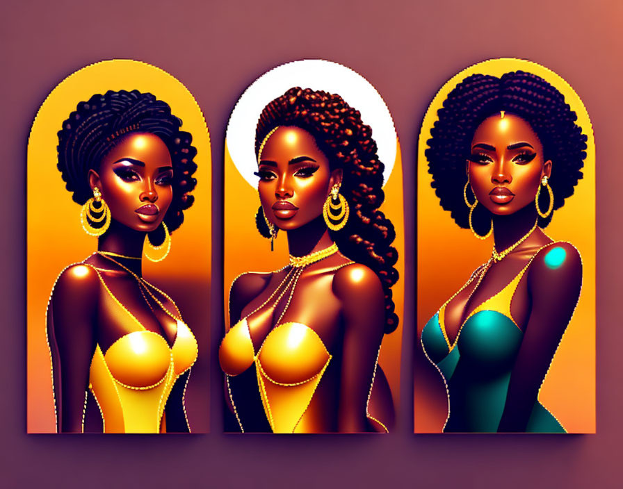 Stylized illustrations of woman with various hairstyles and outfits on orange backdrop