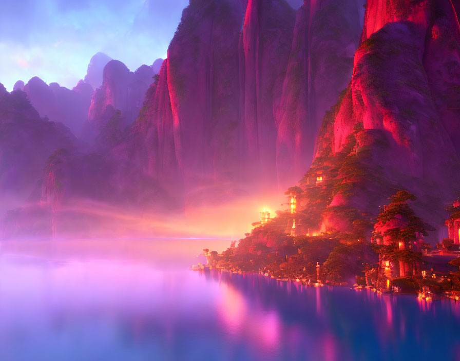 Tranquil fantasy landscape: misty pink sunset, calm lake, pagoda-style buildings, towering