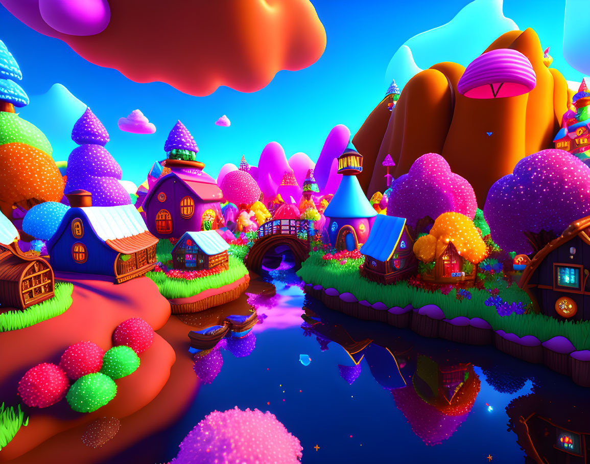 Colorful Fantasy Village with Whimsical Houses and River