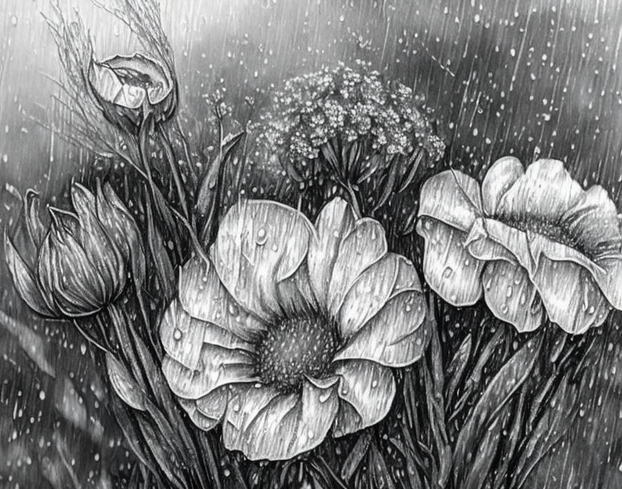 Grayscale drawing of delicate flowers with rain droplets for serene ambiance