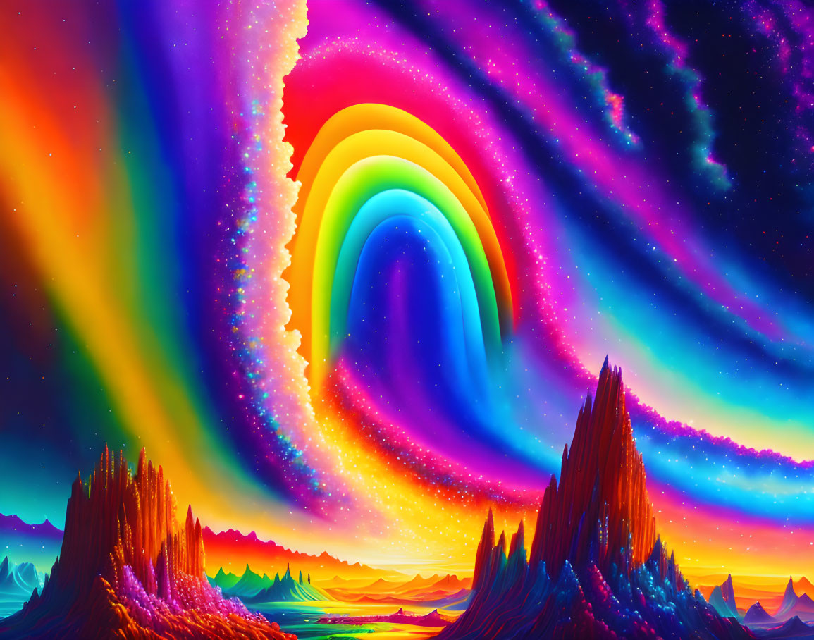 Colorful Psychedelic Landscape with Rainbow Skies and Mountains