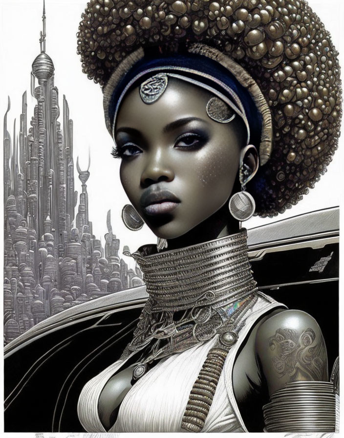 Futuristic portrait of woman with intricate jewelry and tattoos against sci-fi skyscrapers