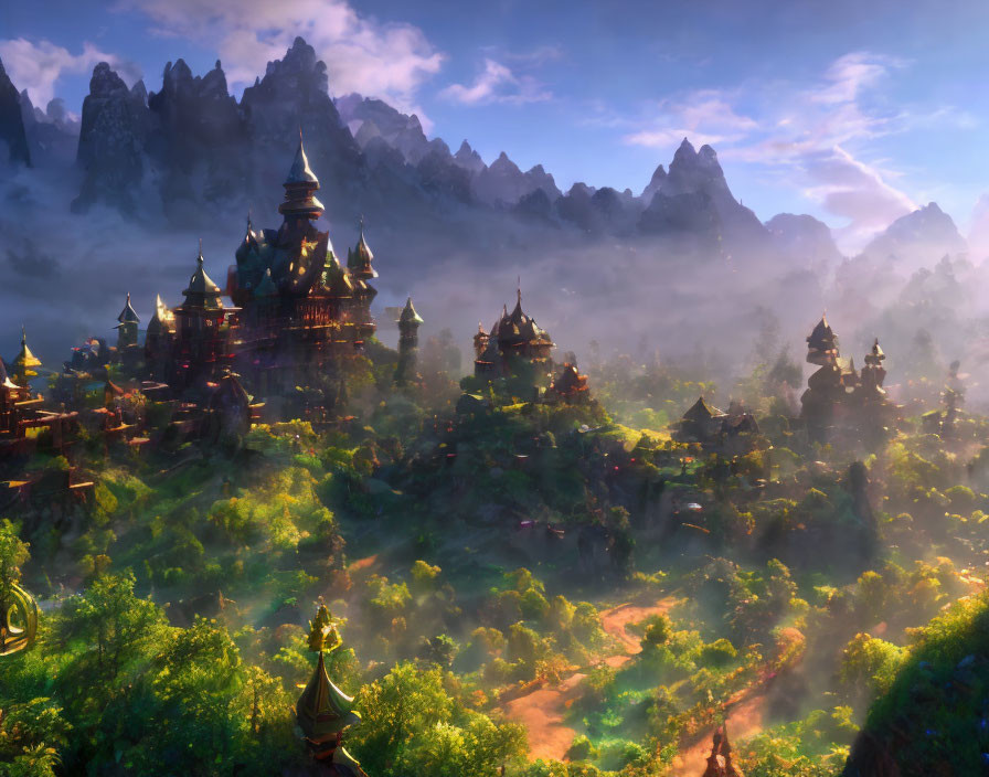 Mystical landscape with lush forests, mountains, and spired castles at sunrise