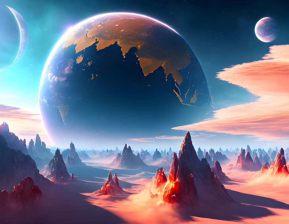 Alien Landscape with Jagged Mountains and Celestial Bodies at Twilight