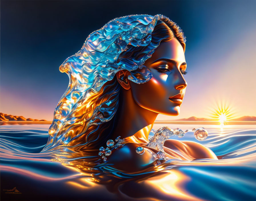 Surreal image: Woman with water hair, sunset background