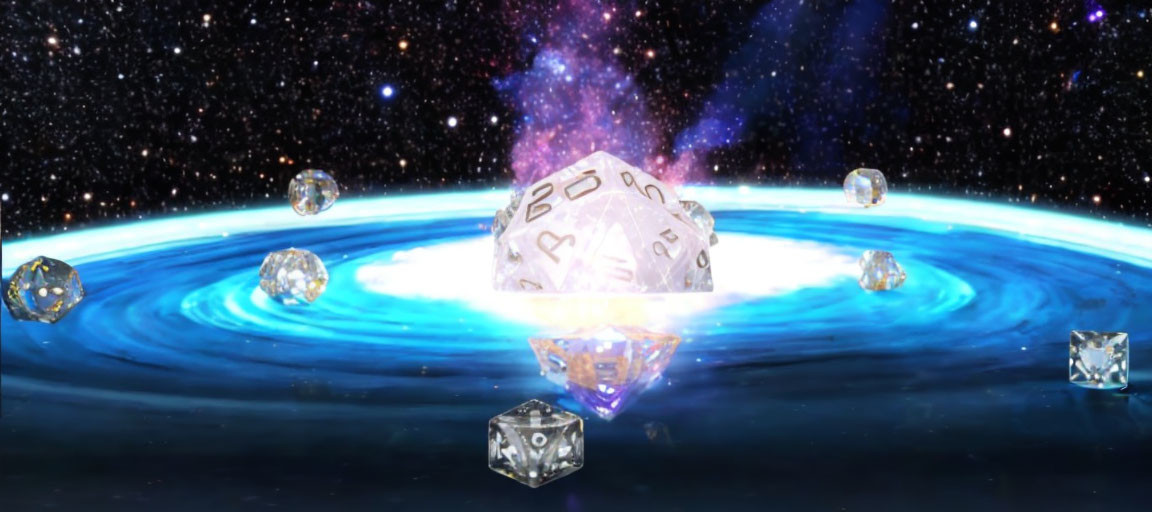 20-sided glowing die in swirling galaxy with translucent dice and stars