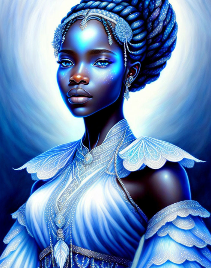 Blue-skinned woman with intricate hair and feathered attire on glowing blue backdrop